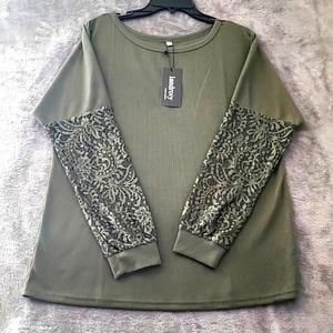 Iandroiy Women's Thermal casual Crewneck top with lace sleeves. NWT. Size XL